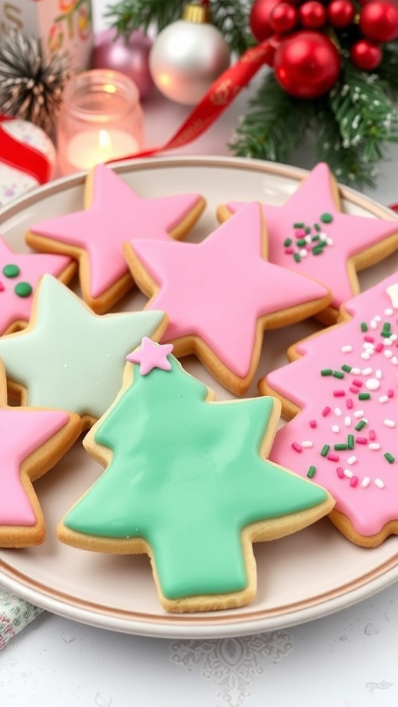 A festive plate of pink sugar cookies decorated for Christmas with icing and sprinkles.